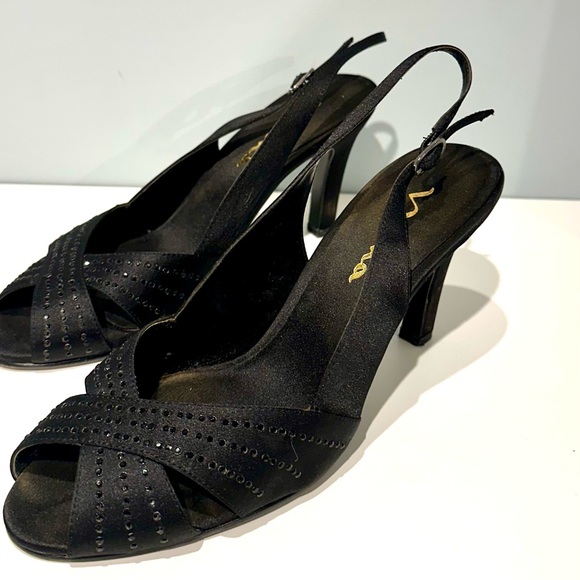 Nina Shoes Shoes - Nina Elegant Black Satin Slingback Heels with Studded Crisscross Straps